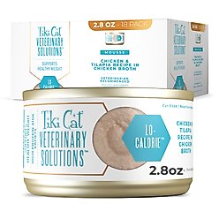 Tiki Cat Veterinary Solutions Lo-Calorie Chicken & Tilapia Recipe Pate Grain-Free Wet Cat Food, 2.8-oz can, case of 18