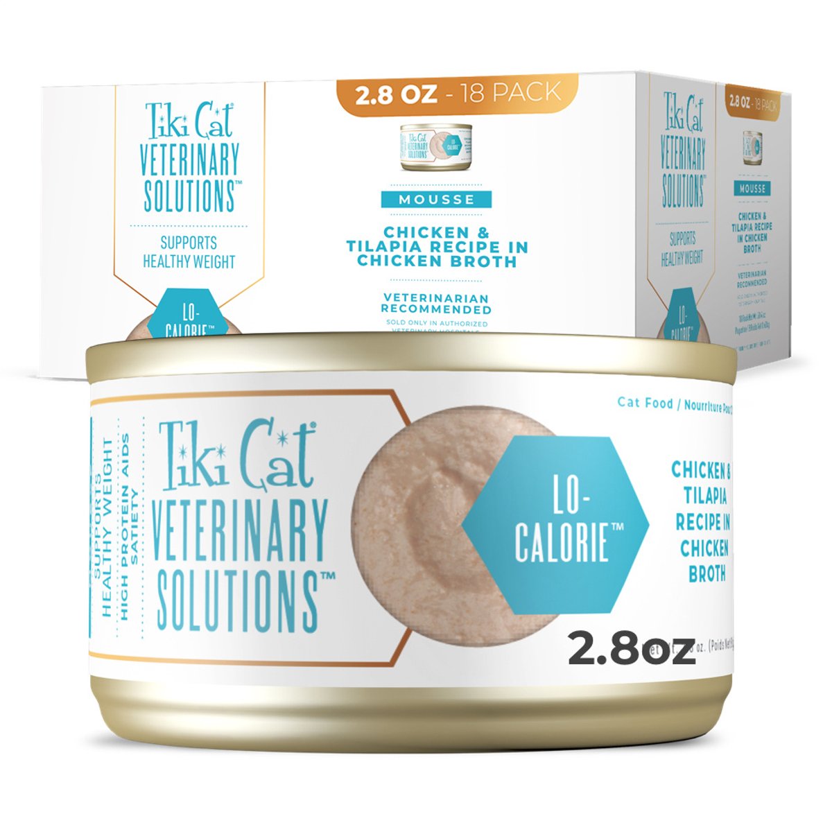 Tiki Cat Veterinary Solutions Lo-Calorie Chicken & Tilapia Recipe Pate Grain-Free Wet Cat Food, 2.8-oz can, case of 18
