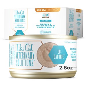 Tiki Cat Veterinary Solutions Lo-Calorie Chicken & Tilapia Recipe Pate Grain-Free Wet Cat Food, 2.8-oz can, case of 18