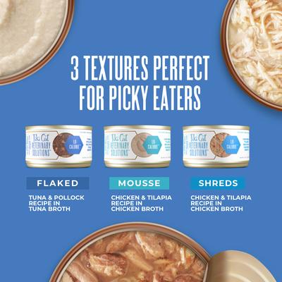 Show full view: Tiki Cat Veterinary Solutions Lo-Calorie Tuna & Pollock Recipe Flaked Grain-Free Wet Cat Food, 2.8-oz can, case of 18 slide 7 of 11