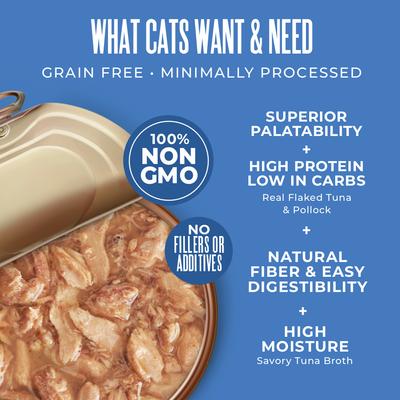 Show full view: Tiki Cat Veterinary Solutions Lo-Calorie Tuna & Pollock Recipe Flaked Grain-Free Wet Cat Food, 2.8-oz can, case of 18 slide 5 of 11