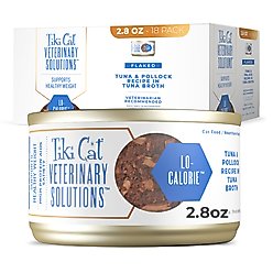 Tiki Cat Veterinary Solutions Lo-Calorie Tuna & Pollock Recipe Flaked Grain-Free Wet Cat Food, 2.8-oz can, case of 18