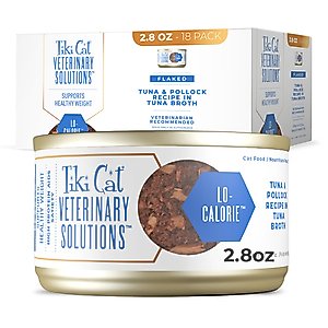 Tiki Cat Veterinary Solutions Lo-Calorie Tuna & Pollock Recipe Flaked Grain-Free Wet Cat Food, 2.8-oz can, case of 18