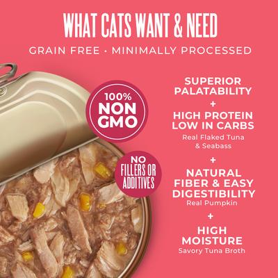 Show full view: Tiki Cat Veterinary Solutions GI-Health Tuna, Seabass & Pumpkin Recipe Flaked Wet Cat Food, 2.8-oz can, case of 18 slide 5 of 12