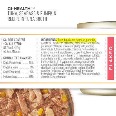 Show full view: Tiki Cat Veterinary Solutions GI-Health Tuna, Seabass & Pumpkin Recipe Flaked Wet Cat Food, 2.8-oz can, case of 18 slide 6 of 12
