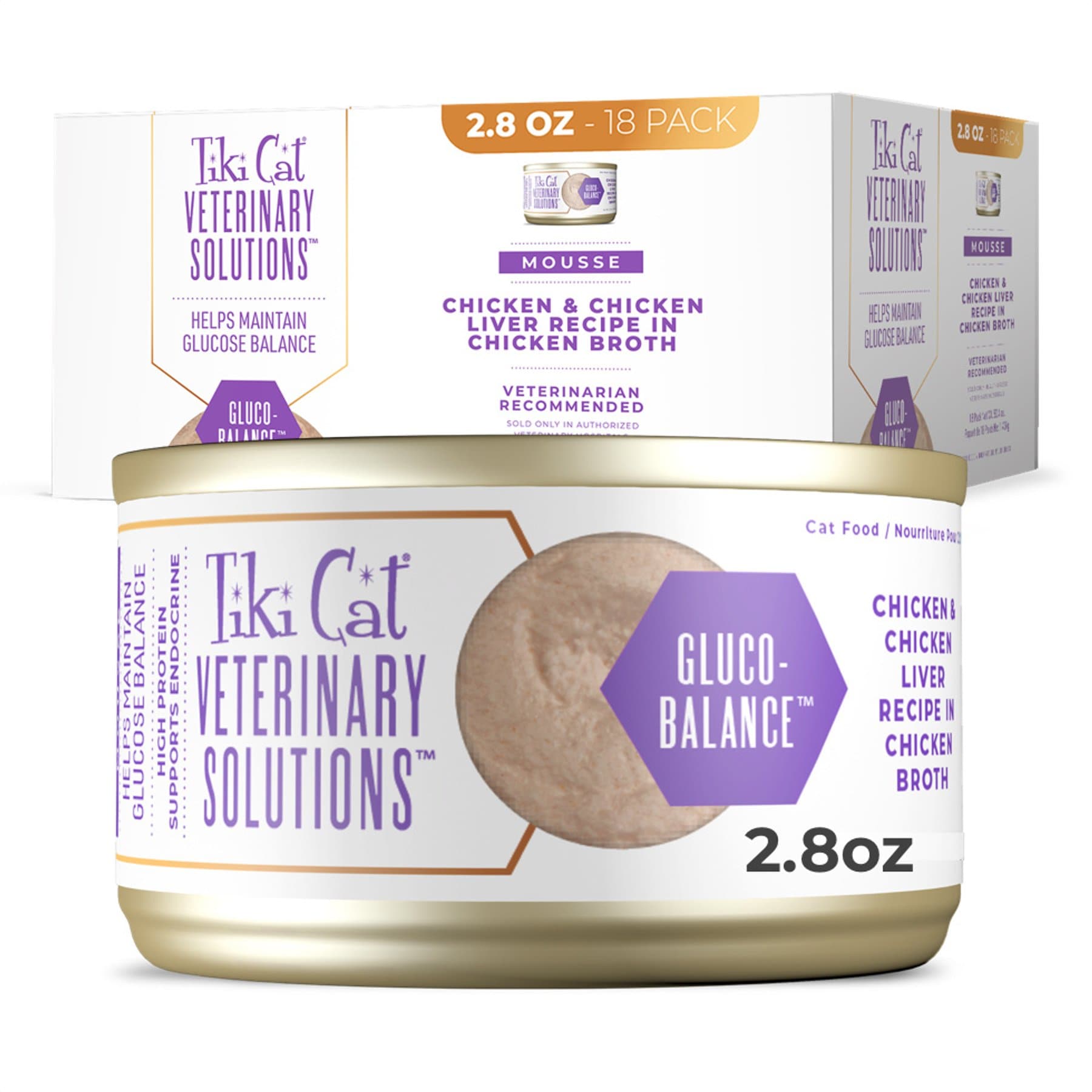 Tiki Cat Veterinary Solutions Gluco-Balance Chicken & Chicken Liver Recipe Pate Grain-Free Wet Cat Food, 2.8-oz can, case of 18