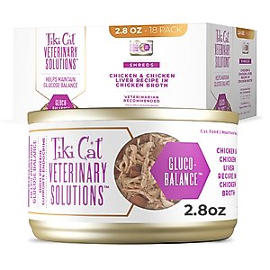 Tiki Cat Veterinary Solutions Gluco-Balance Chicken & Chicken Liver Recipe Grain-Free Wet Cat Food, 2.8-oz can, case of 18