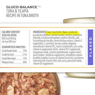Show full view: Tiki Cat Veterinary Solutions Gluco-Balance Tuna & Tilapia Recipe Flaked Grain-Free Wet Cat Food, 2.8-oz can, case of 18 slide 6 of 12