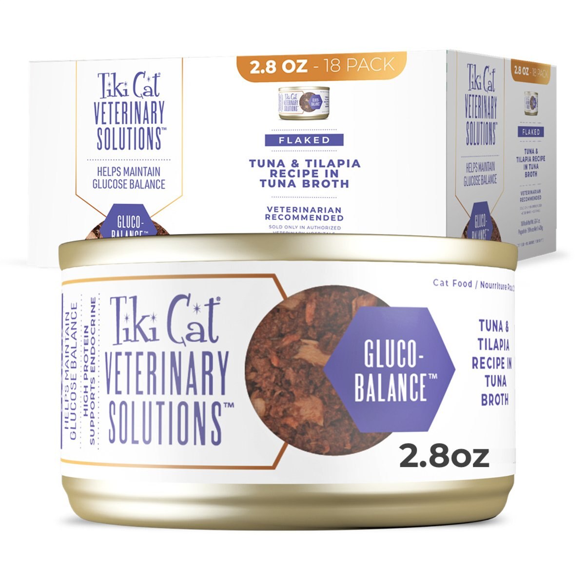 Tiki Cat Veterinary Solutions Gluco-Balance Tuna & Tilapia Recipe Flaked Grain-Free Wet Cat Food, 2.8-oz can, case of 18