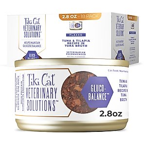 Tiki Cat Veterinary Solutions Gluco-Balance Tuna & Tilapia Recipe Flaked Grain-Free Wet Cat Food, 2.8-oz can, case of 18