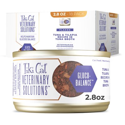 Tiki Cat Veterinary Solutions Tiki Cat Veterinary Solutions Gluco-Balance Tuna & Tilapia Recipe Flaked Grain-Free Wet Cat Food, 2.8-oz can, case of 18