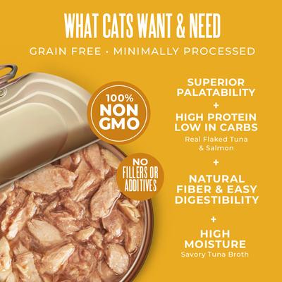 Show full view: Tiki Cat Veterinary Solutions pH-Balance Tuna & Salmon Recipe Flaked Grain-Free Wet Cat Food, 2.8-oz can, case of 18 slide 5 of 12