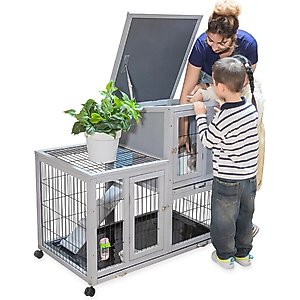 Coziwow 2-Tier Wooden Rabbit Hutch Small Animal Cage with Wheels, Gray