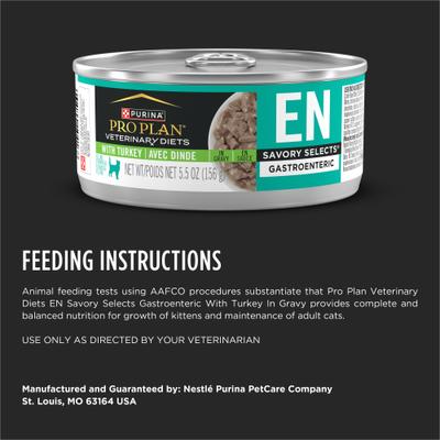 Show full view: Purina Pro Plan Veterinary Diets EN Gastroenteric Savory Selects in Gravy with Turkey Wet Cat Food, 5.5-oz can, case of 24 slide 9 of 10