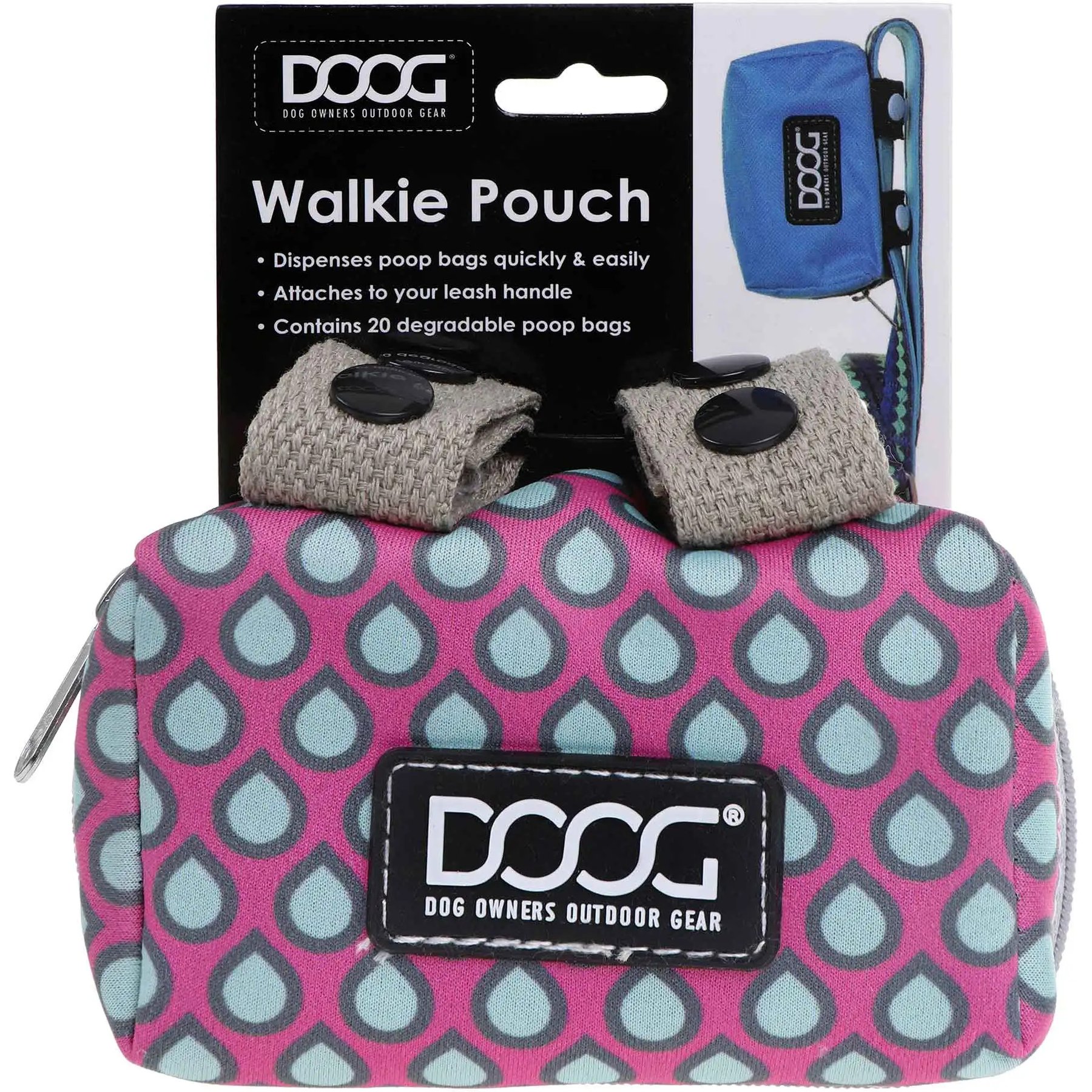 DOOG Walkie Dog Pouch Luna Dog Poop Bag Dispenser, Pink/Tear Drops