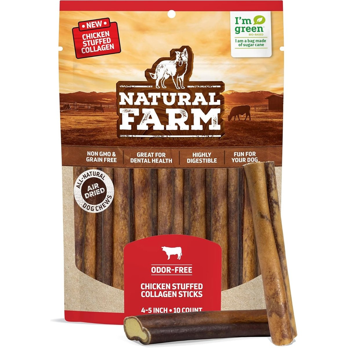 Natural Farm 4 to 5-inch Stuffed Collagen Real Bully Stick Dog Chew Treats, 10 count