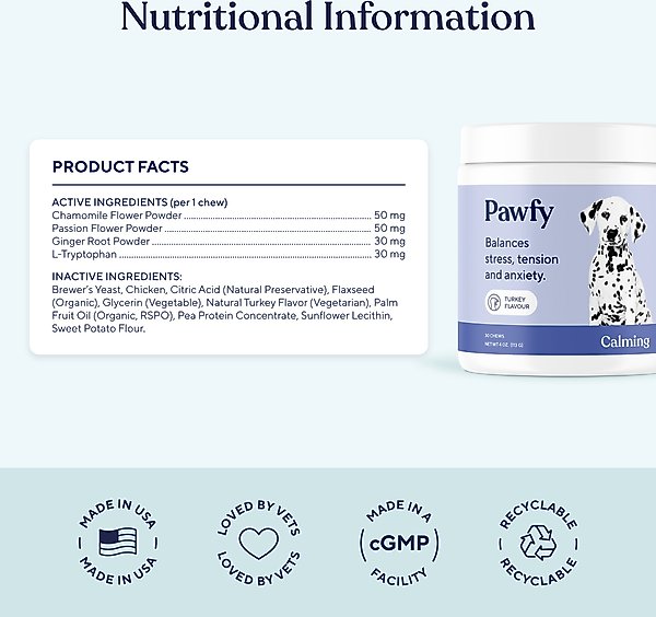 Show full view: Pawfy Calming Turkey Flavor Chews Dog Supplement, 30 count slide 4 of 9