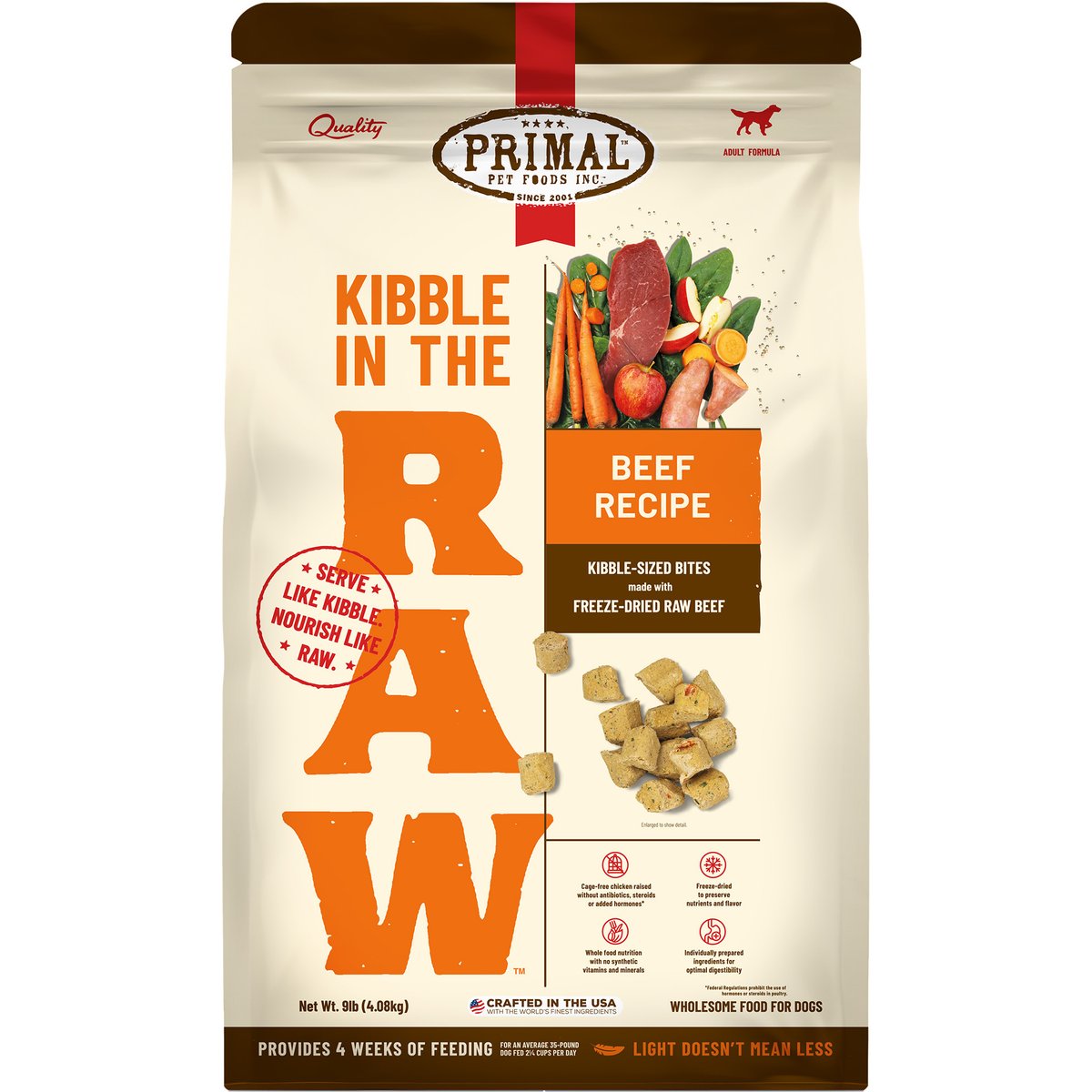 Primal Kibble in the Raw Beef Recipe Non-GMO Freeze-Dried Dog Food, 144-oz bag