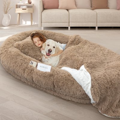 LovMor LovMor 10-cm Thick Memory Foam Oversize Human Dog Bed with Plump Pillow & Removable Cover, 78 x 51 x 12-in, Khaki