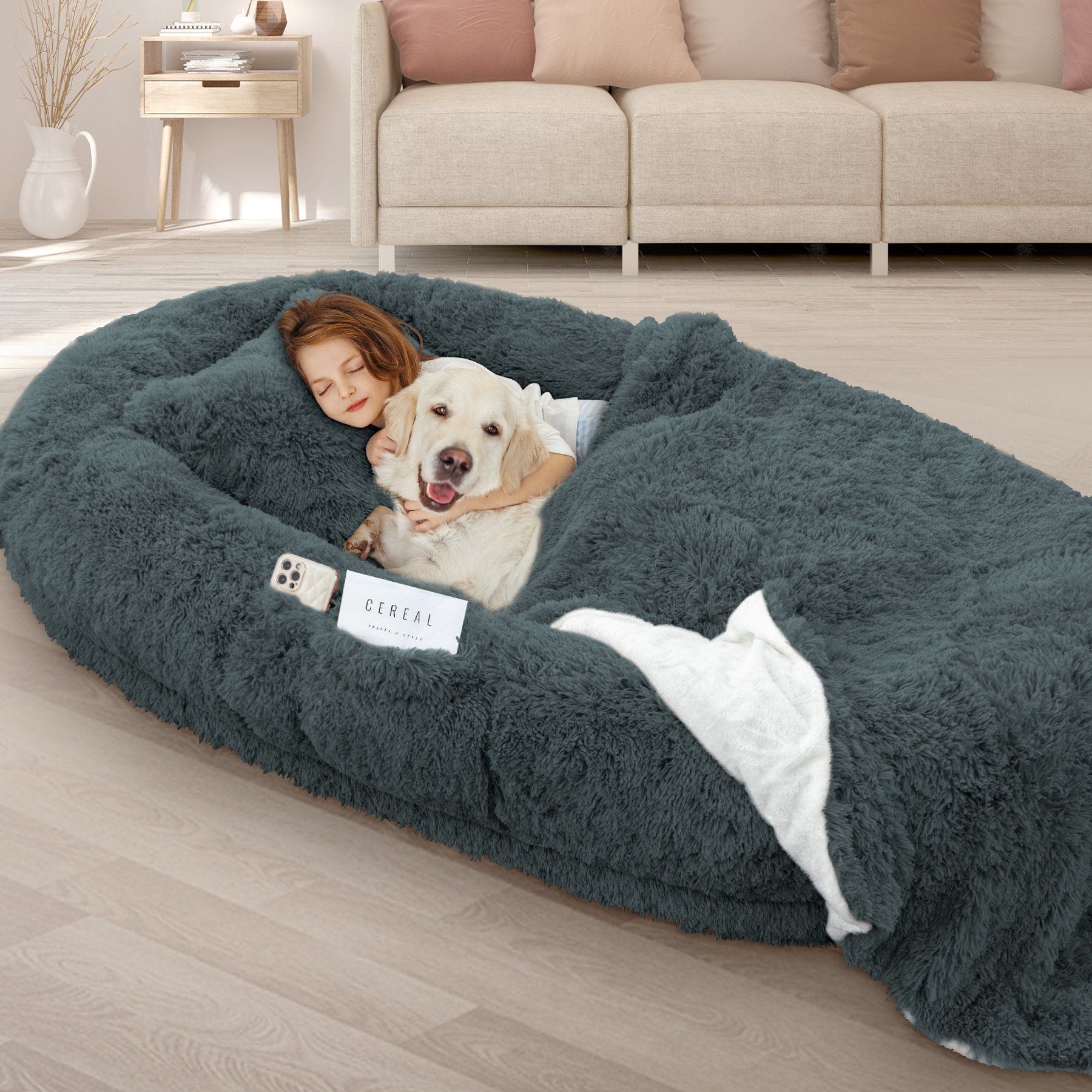 LovMor 10-cm Thick Memory Foam Oversize Human Dog Bed with Plump Pillow & Removable Cover, 78 x 51 x 12-in, Dark Grey