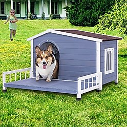 Cesicia Wooden Indoor/Outdoor Dog House with Terrace, Grey