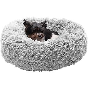 FurHaven Calming Cuddler Long Fur Donut Bolster Dog Bed, Mist Gray, Small