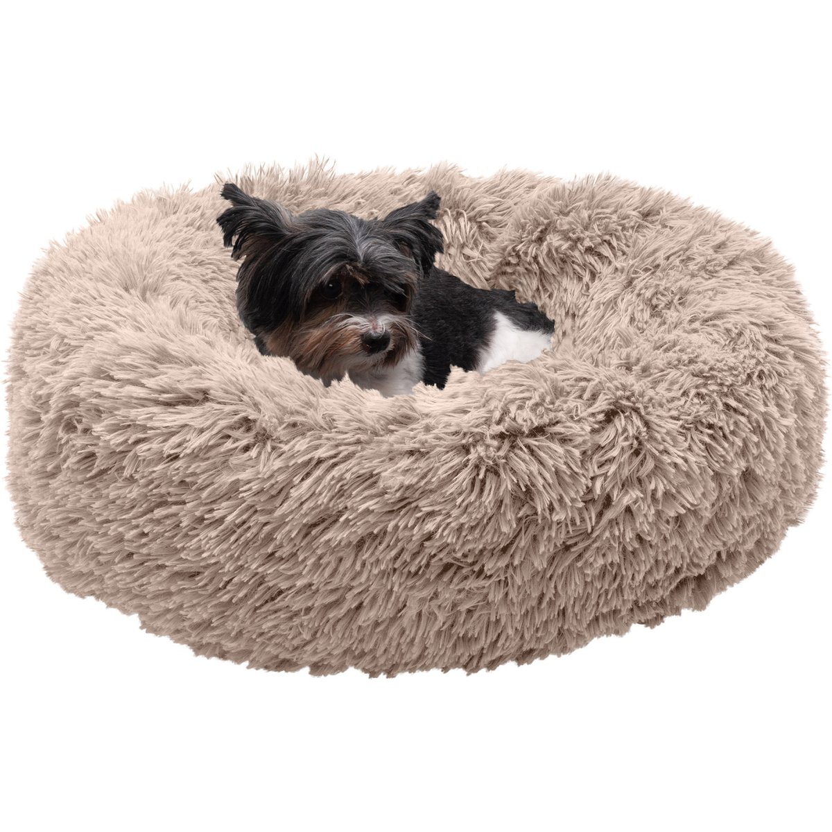 FurHaven Calming Cuddler Long Fur Donut Bolster Dog Bed, Taupe, Small