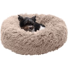 FurHaven Calming Cuddler Long Fur Donut Bolster Dog Bed, Taupe, Small