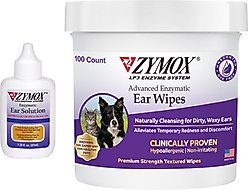 Zymox Ear Infection Solution with .5% Hydrocortisone for Dogs & Cats, 1.25-fl oz bottle + Advanced Enzymatic Ear Wipes, 7.05-fl oz bottle, 100 count