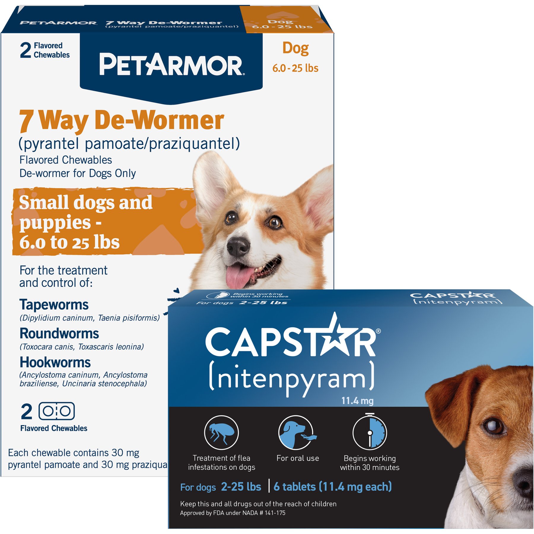 Capstar Flea Oral Treatment for Dogs, 2-25 lbs, 6 Tablets + PetArmor 7 Way Dewormer for Hookworms, Roundworms & Tapeworms, 2 count