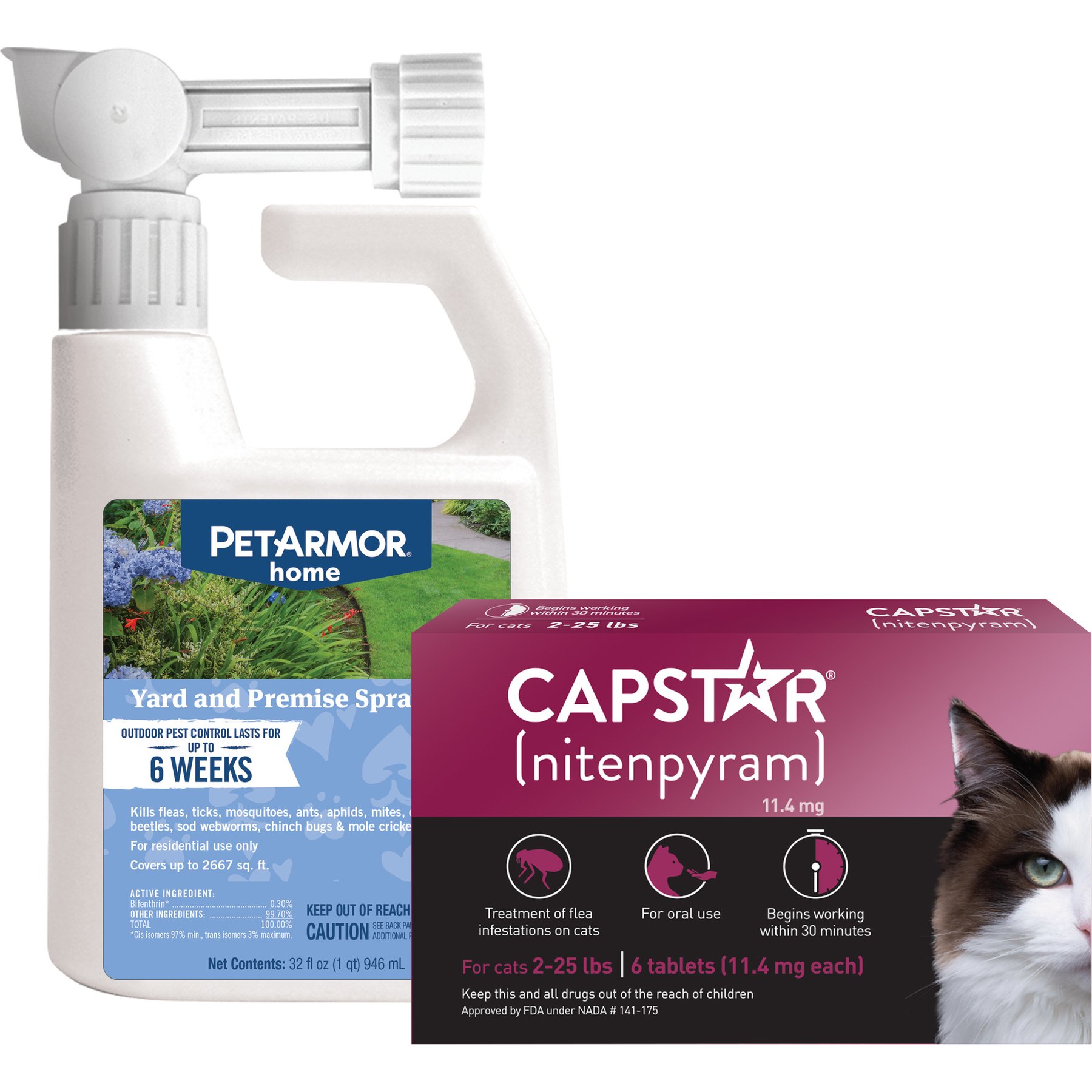 Capstar Flea Oral Treatment for Cats, 2-25 lbs, 6 Tablets + PetArmor Home Yard & Premise Flea & Tick Spray Treatment, 32-oz bottle