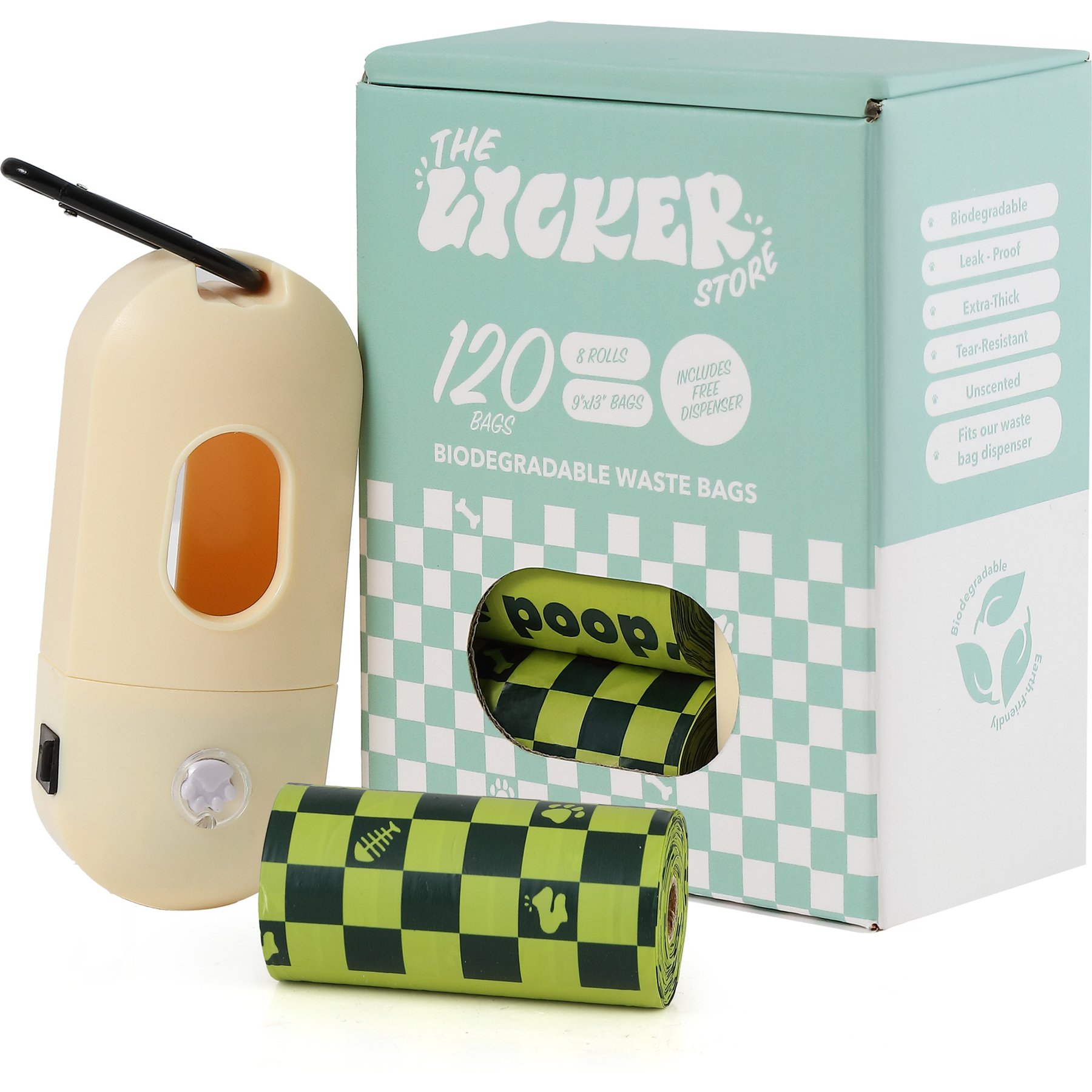 THE LICKER STORE Extra Thick Leak Proof Environment-Friendly Poop Bags with Rechargeable LED Flashlight Dispenser, Unscented, 120 count