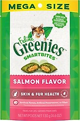 Greenies Feline SmartBites Healthy Skin & Fur Natural Salmon Flavor Soft & Crunchy Adult Cat Treats, 4.6-oz bag