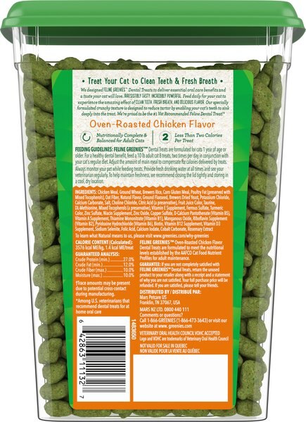 Greenies Feline Oven Roasted Chicken Flavor Adult Natural Dental Cat Treats