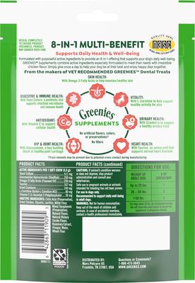Show full view: Greenies 8-in-1 Multi-Benefit Chicken Flavored Soft Chew Multivitamin for Dogs, 7.76-oz pouch slide 3 of 11
