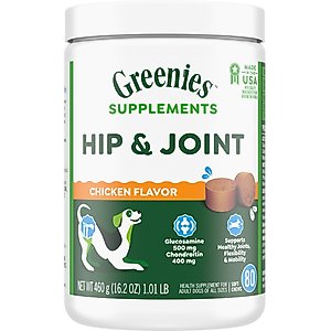 Greenies Hip & Joint Chicken Flavored Soft Chew Glucosamine Joint Supplement for Dogs, 80 count, 16.2-oz tub