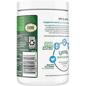 Greenies Hip & Joint Chicken Flavored Soft Chew Glucosamine Joint Supplement for Dogs, 80 count, 16.2-oz tub