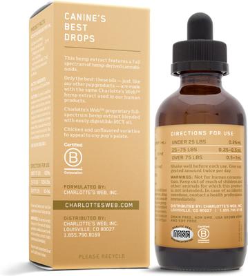 Show full view: Charlotte's Web Full Spectrum Hemp Extract Chicken Flavored Liquid Calming Supplement for Dogs, 100-ml bottle slide 5 of 7