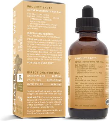 Show full view: Charlotte's Web Full Spectrum Hemp Extract Chicken Flavored Liquid Calming Supplement for Dogs, 100-ml bottle slide 4 of 7