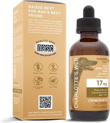 Show full view: Charlotte's Web Full Spectrum Hemp Extract Chicken Flavored Liquid Calming Supplement for Dogs, 100-ml bottle slide 3 of 7