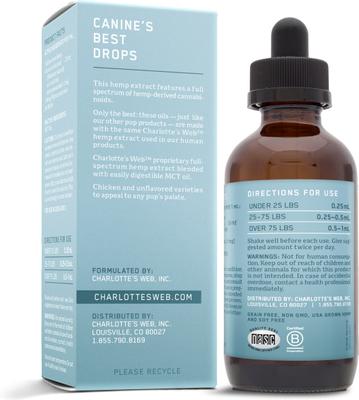 Show full view: Charlotte's Web Full Spectrum Hemp Extract Unflavored Liquid Calming Supplement for Dogs, 100-ml bottle slide 5 of 7