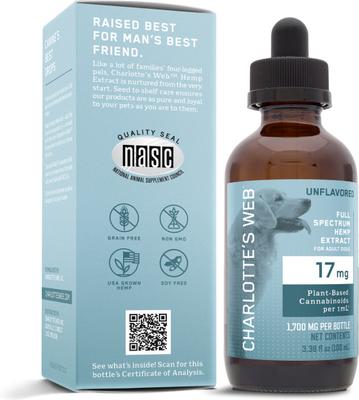 Show full view: Charlotte's Web Full Spectrum Hemp Extract Unflavored Liquid Calming Supplement for Dogs, 100-ml bottle slide 3 of 7