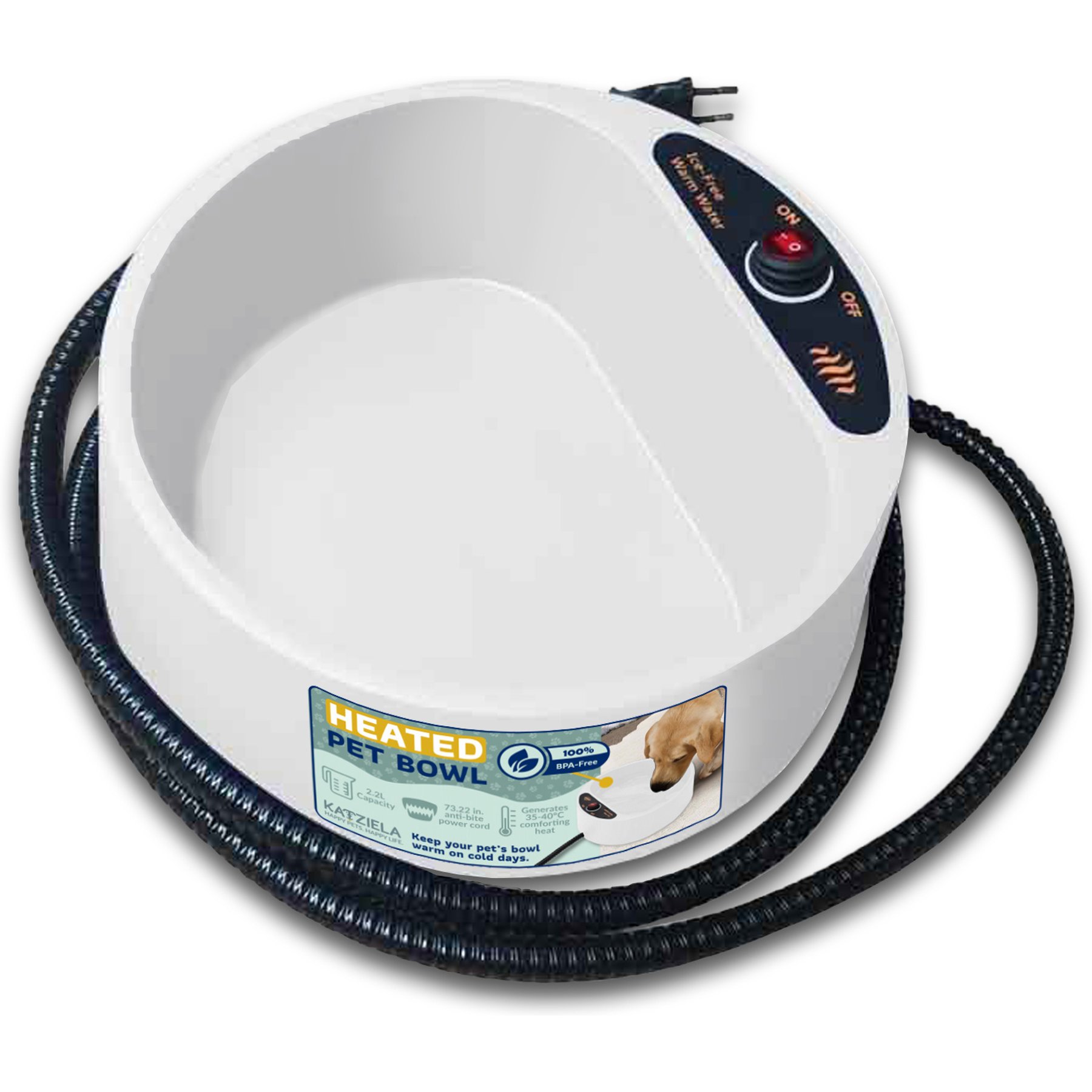 Katziela Anti-Bite Cord Heated Dog Water Bowl, White, 8-cup