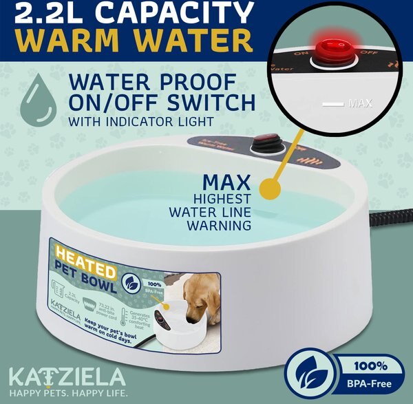 Katziela Anti-Bite Cord Heated Dog Water Bowl, White, 8-cup
