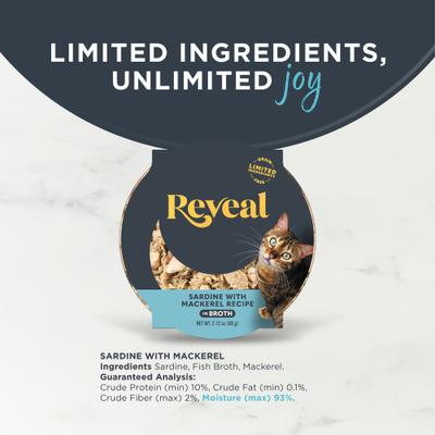 Show full view: Reveal Natural Grain-Free Sardine with Mackerel in Broth Flavored Wet Cat Food, 2.12-oz pot, case of 18 slide 4 of 8
