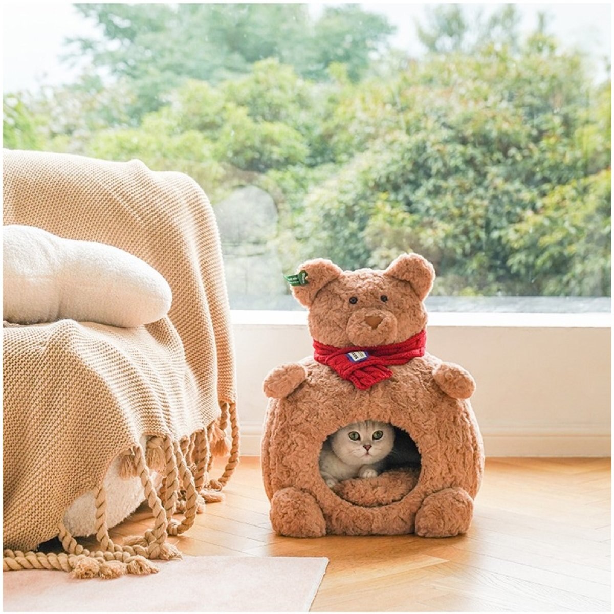 ZEZE Bear Soft Nest Covered Cat Bed, Brown, Medium