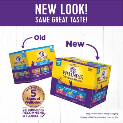 Show full view: Wellness Seafood Pate Favorites Canned Cat Food, 3-oz, case of 24 + Wellness CORE Signature Selects Flaked Skipjack Tuna & Wild Salmon Entree in Broth Grain-Free Canned Cat Food, 5.3-oz, case of 12 slide 7 of 9