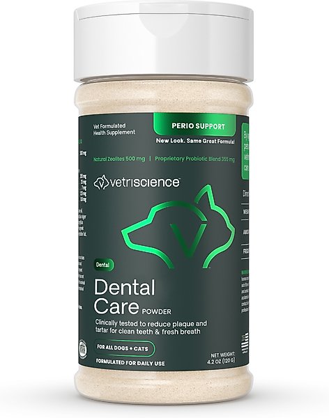 Show full view: VetriScience Perio Dental Care Powder Clinically Tested Breath & Plaque Control Supplement for Dogs & Cats, 4.2-oz bottle slide 1 of 10