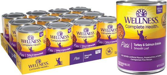 Wellness Complete Pate Health Turkey & Salmon Natural Grain-Free Wet Cat Food, 12.5-oz can, case of 12