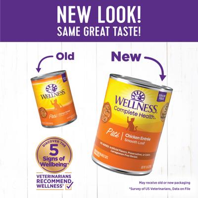 Show full view: Wellness Complete Health Pate Chicken Entree Grain-Free Canned Cat Food, 12.5-oz, case of 12 + Wellness Complete Health Grain-Free Indoor Healthy Weight Chicken Recipe Dry Cat Food, 11.5-lb bag slide 7 of 9